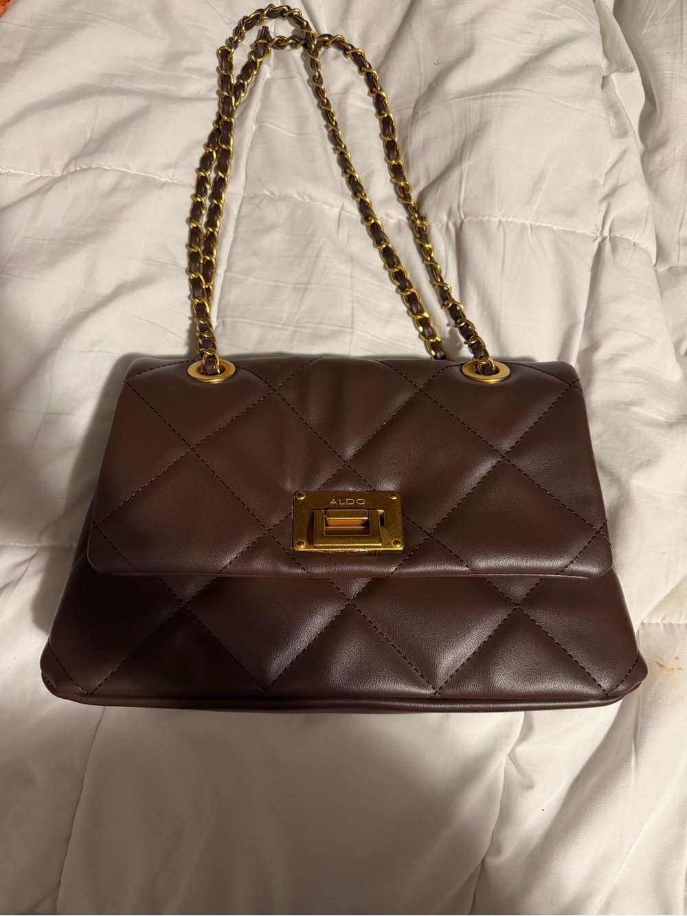ALDO Quilted Dark Brown Shoulder Bag with Gold Chain